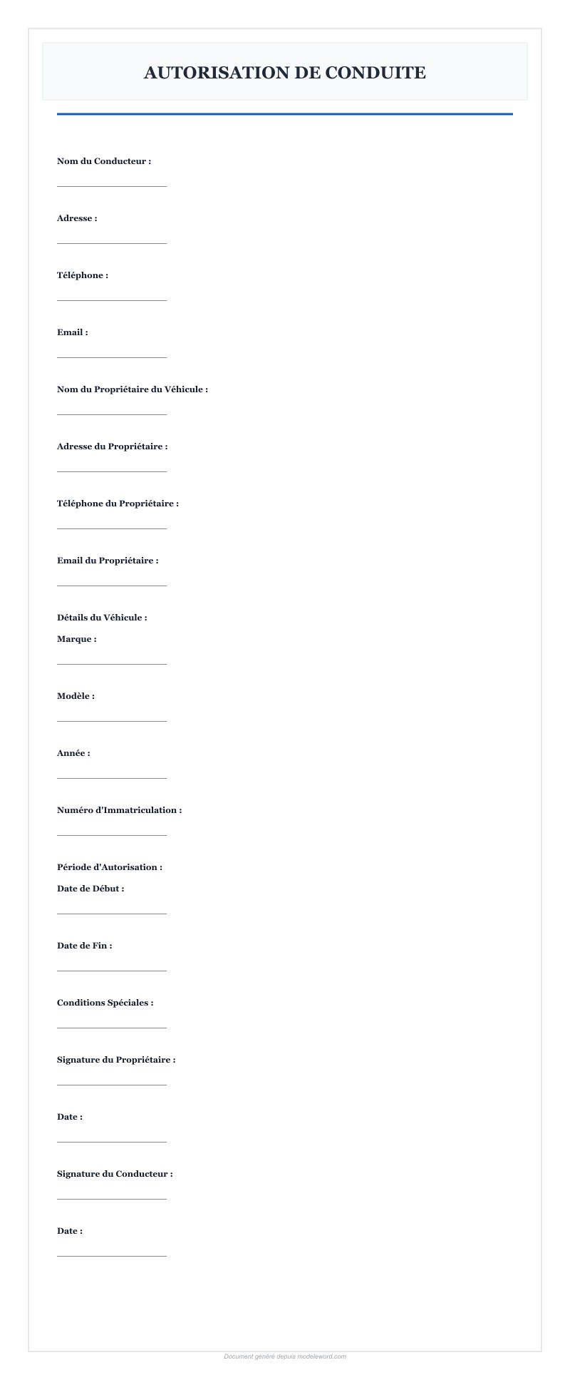 Modèle Autorisation De Conduite Word - Télécharger 2025