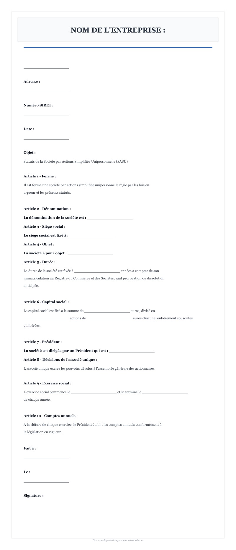 Modèle Statuts Sasu Gratuit Word - Télécharger 2025