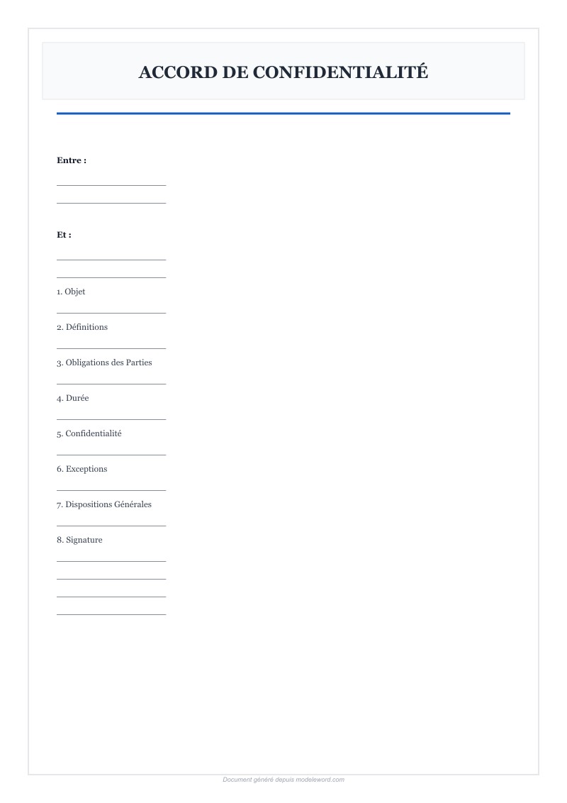Accord De Confidentialité Modèle Word Gratuit - Télécharger 2025