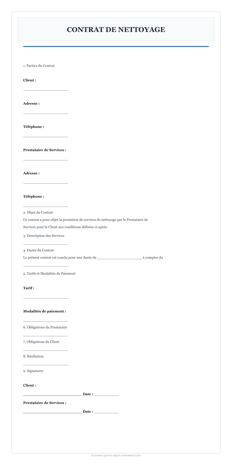 Modèle De Contrat De Nettoyage Word - Télécharger 2025