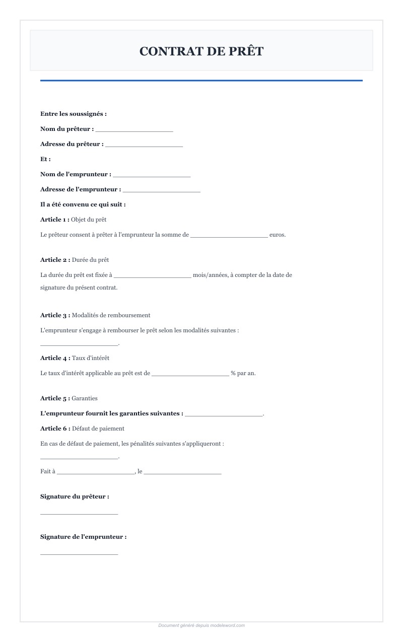 Modèle Word Contrat De Prêt - Télécharger 2025