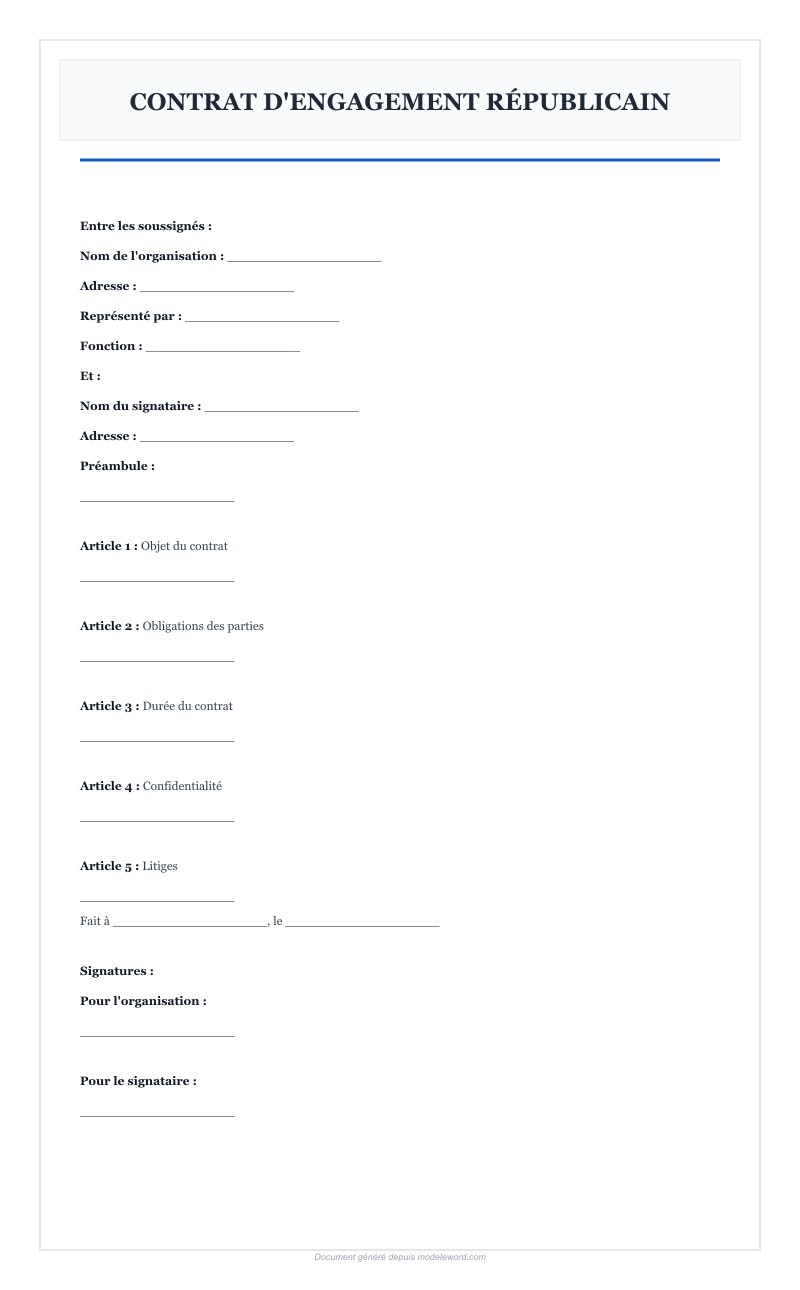 Modèle Contrat D'Engagement Républicain Word - Télécharger 2025
