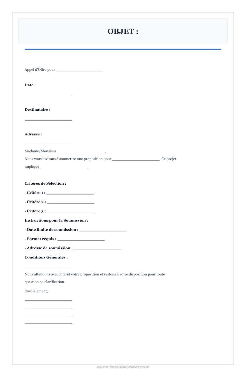 Modèle D'Appel D'Offre Gratuit Word - Télécharger 2025