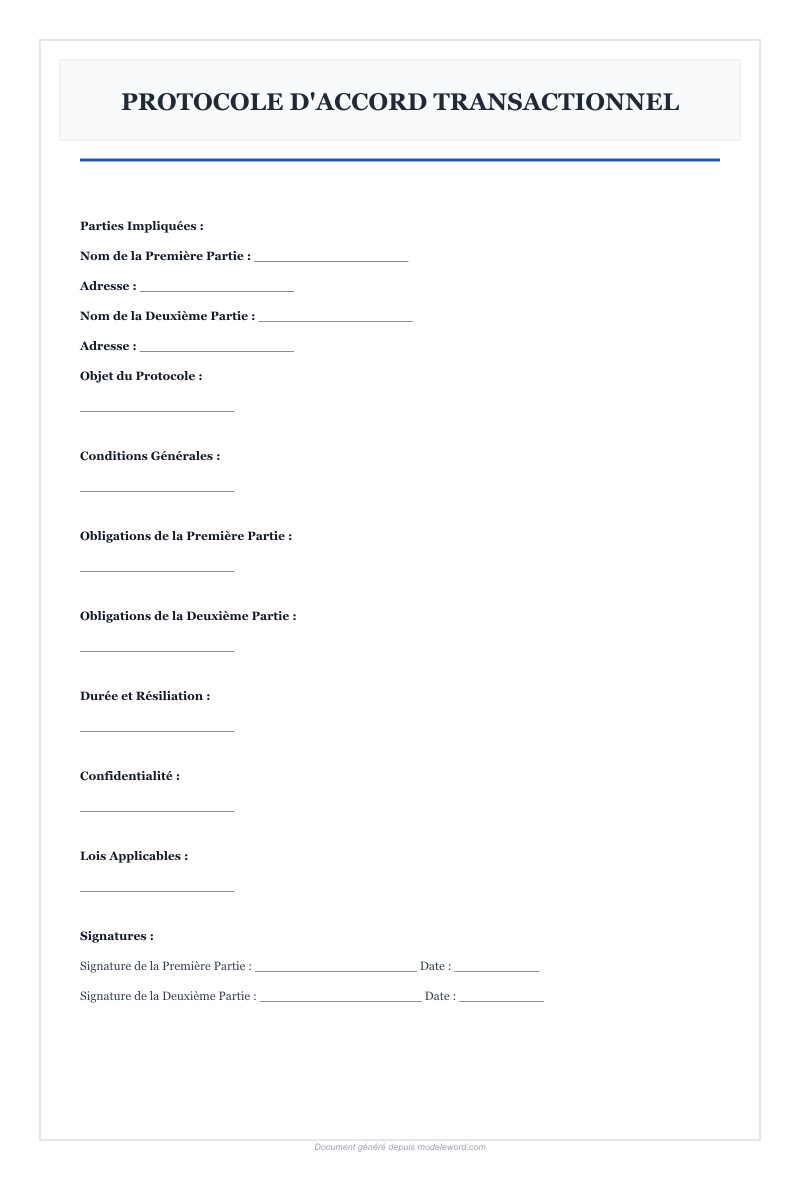 Protocole D'Accord Transactionnel Modèle Word - Télécharger 2025