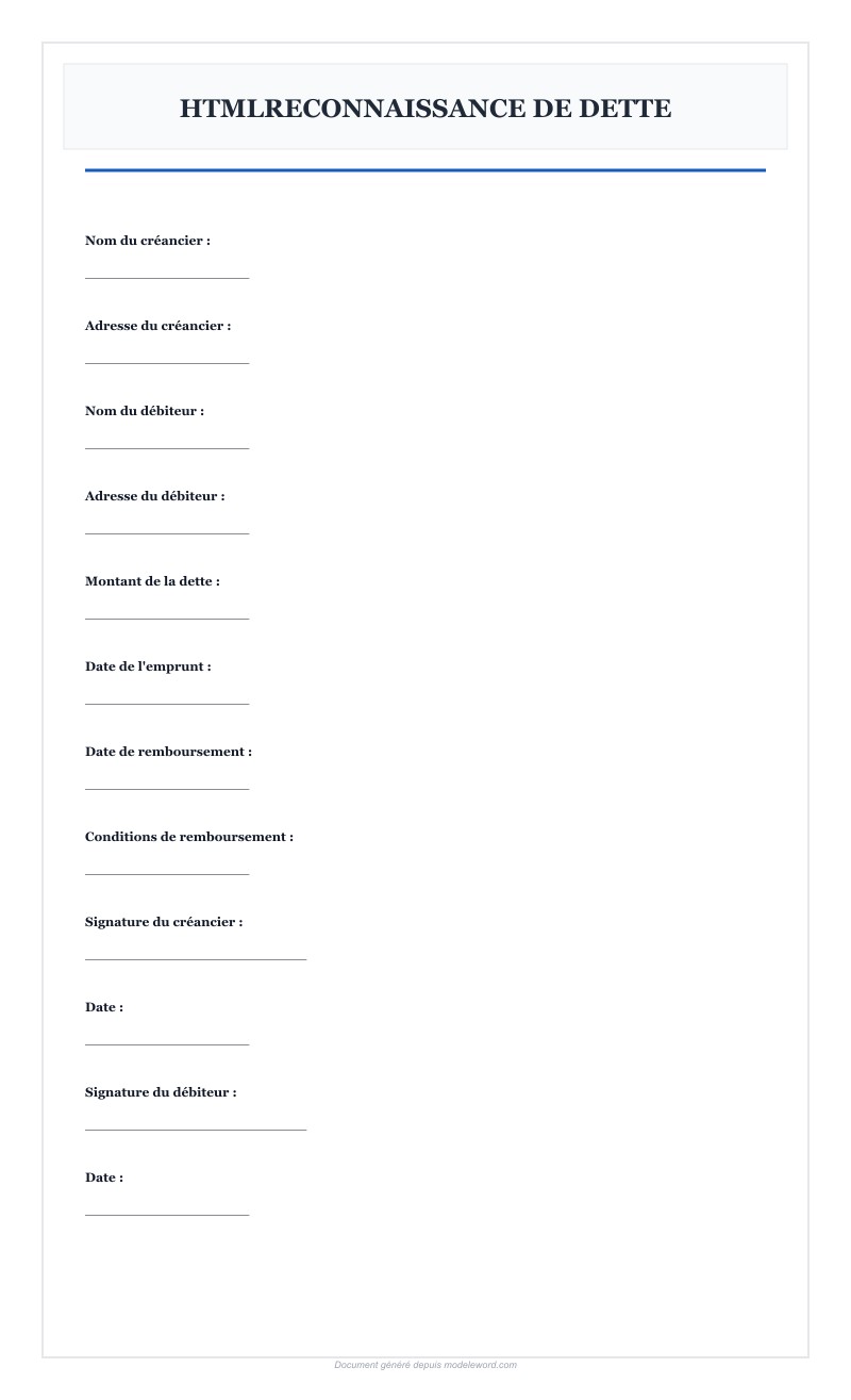Reconnaissance De Dette - Modèle Word Gratuit - Télécharger 2025