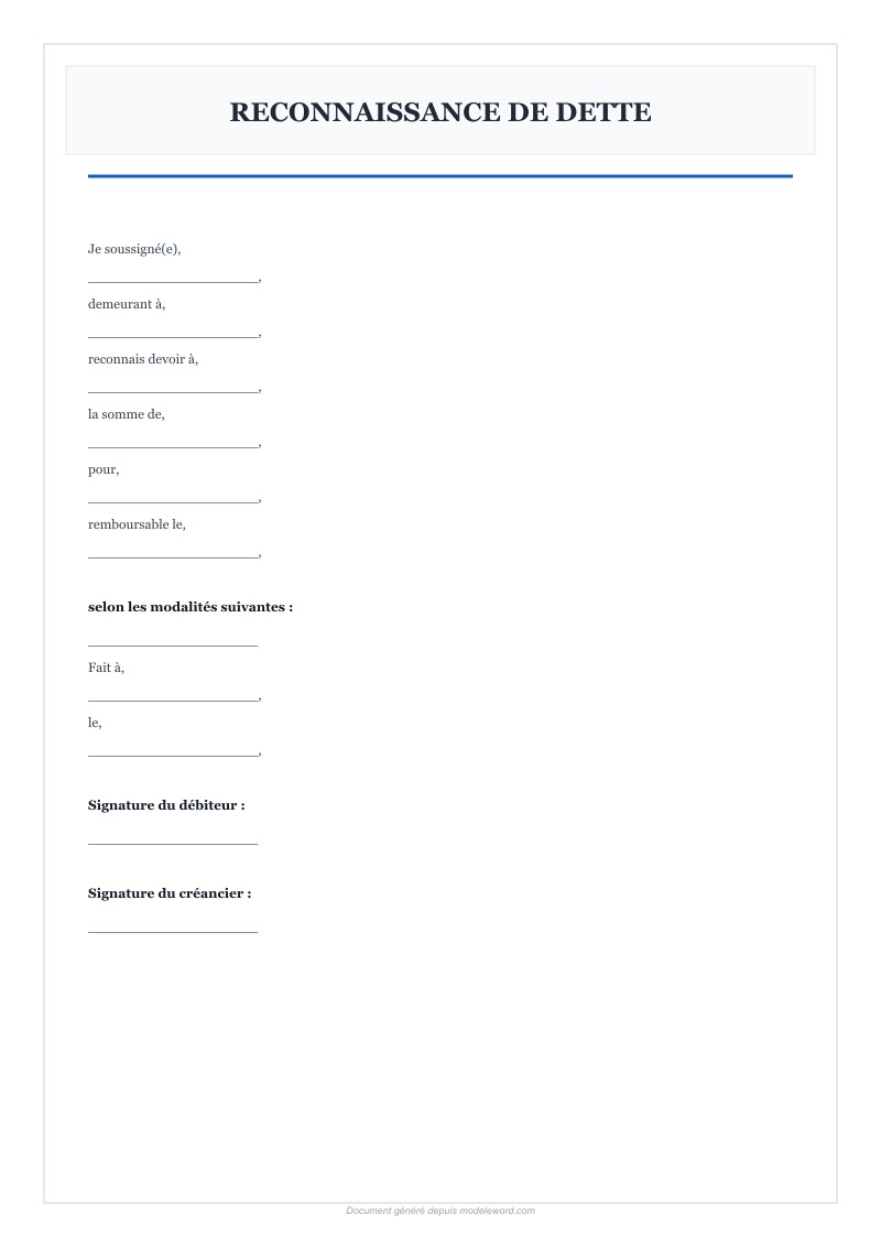 Reconnaissance De Dette Modèle Word - Télécharger 2025