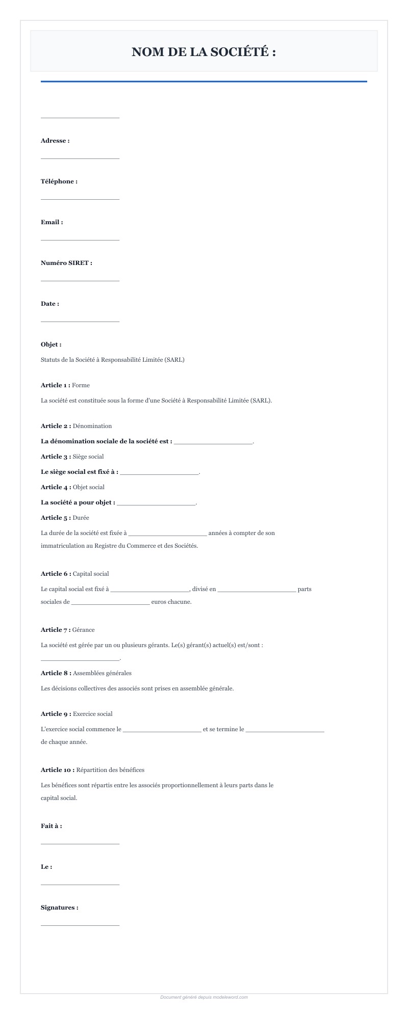 Modèle Statut Sarl Gratuit Word - Télécharger 2025