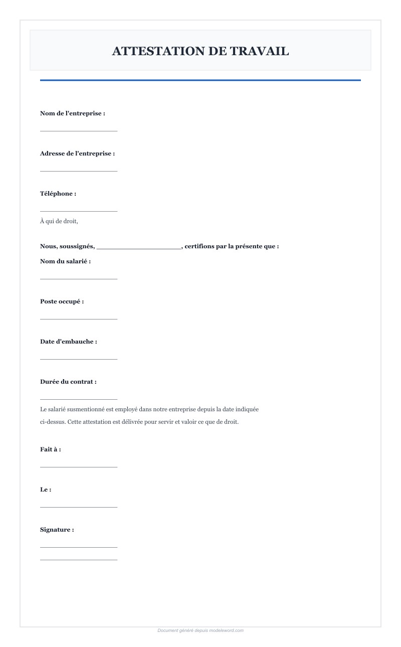 Modèle Attestation De Travail Word - Télécharger 2025