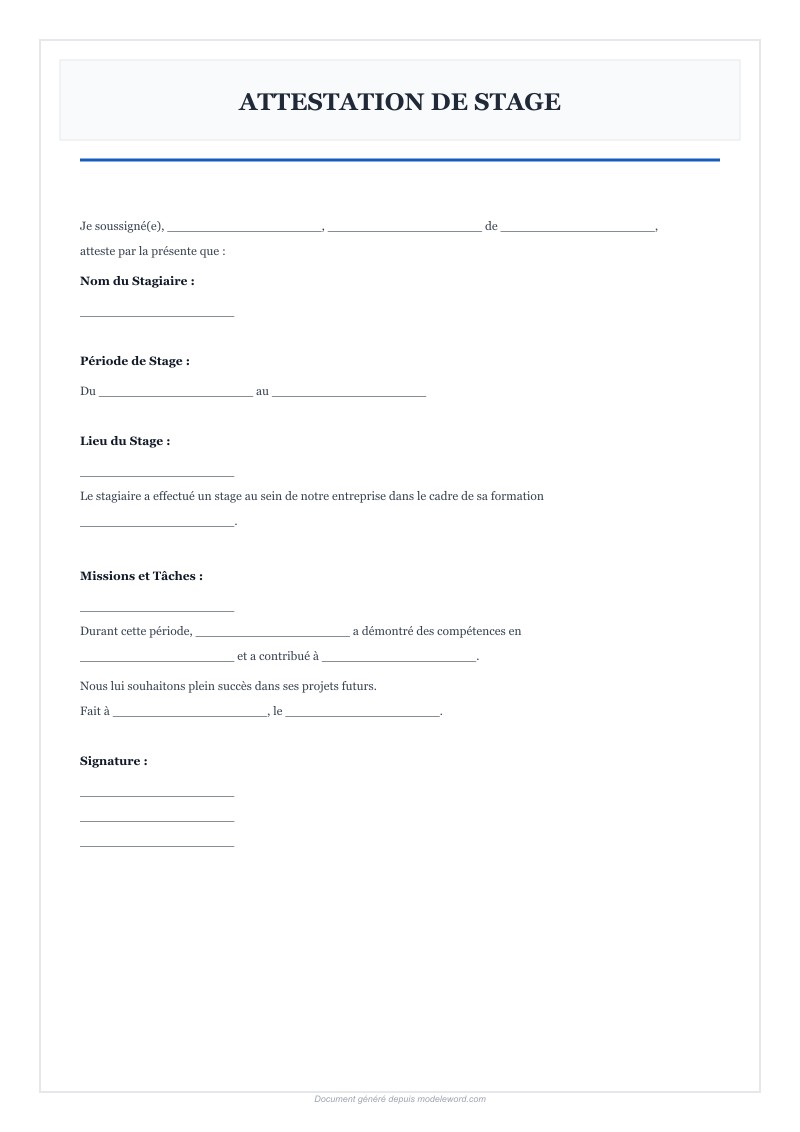 Modèle D'Attestation De Stage Word - Télécharger 2025