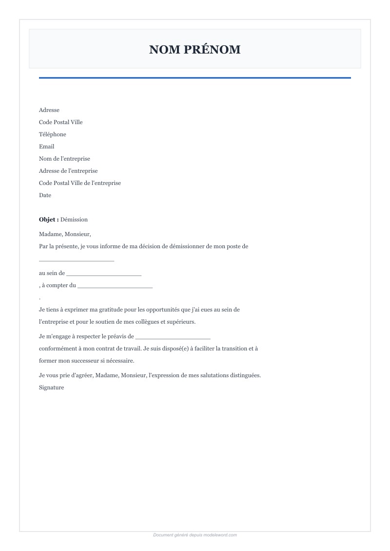 Modèle De Lettre De Démission Simple Word - Télécharger 2025