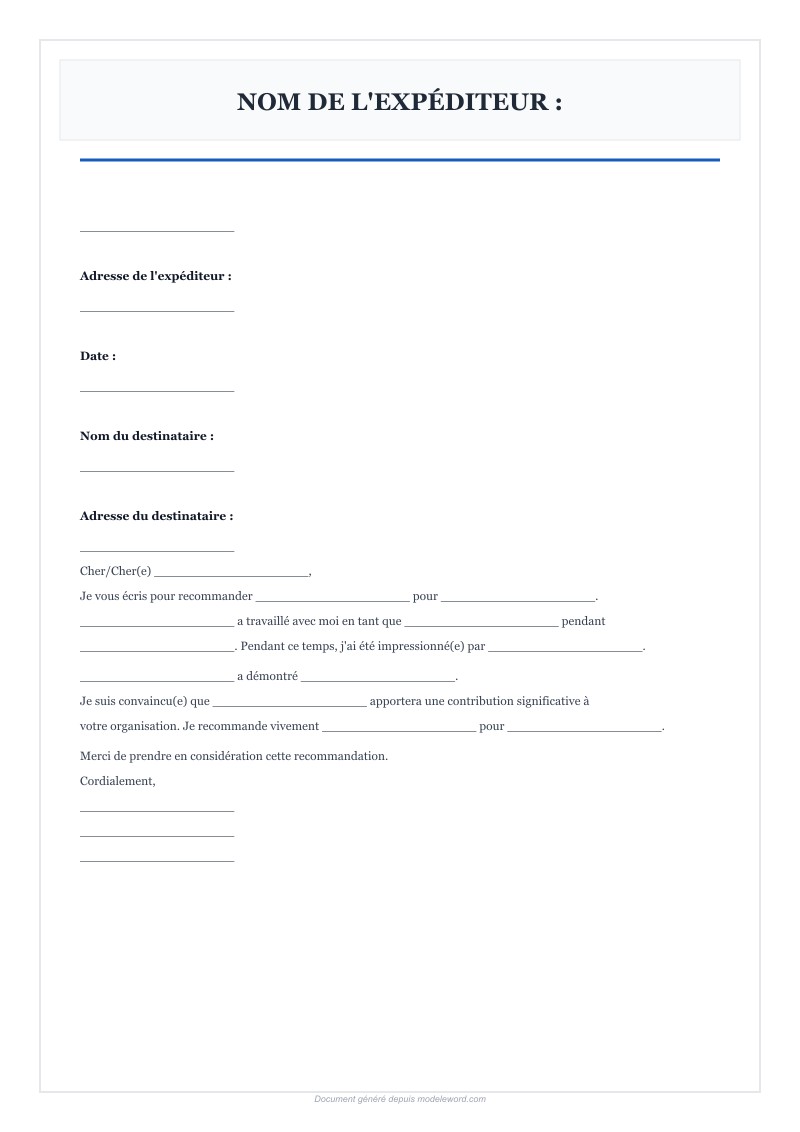 Lettre De Recommandation Modèle Word - Télécharger 2025