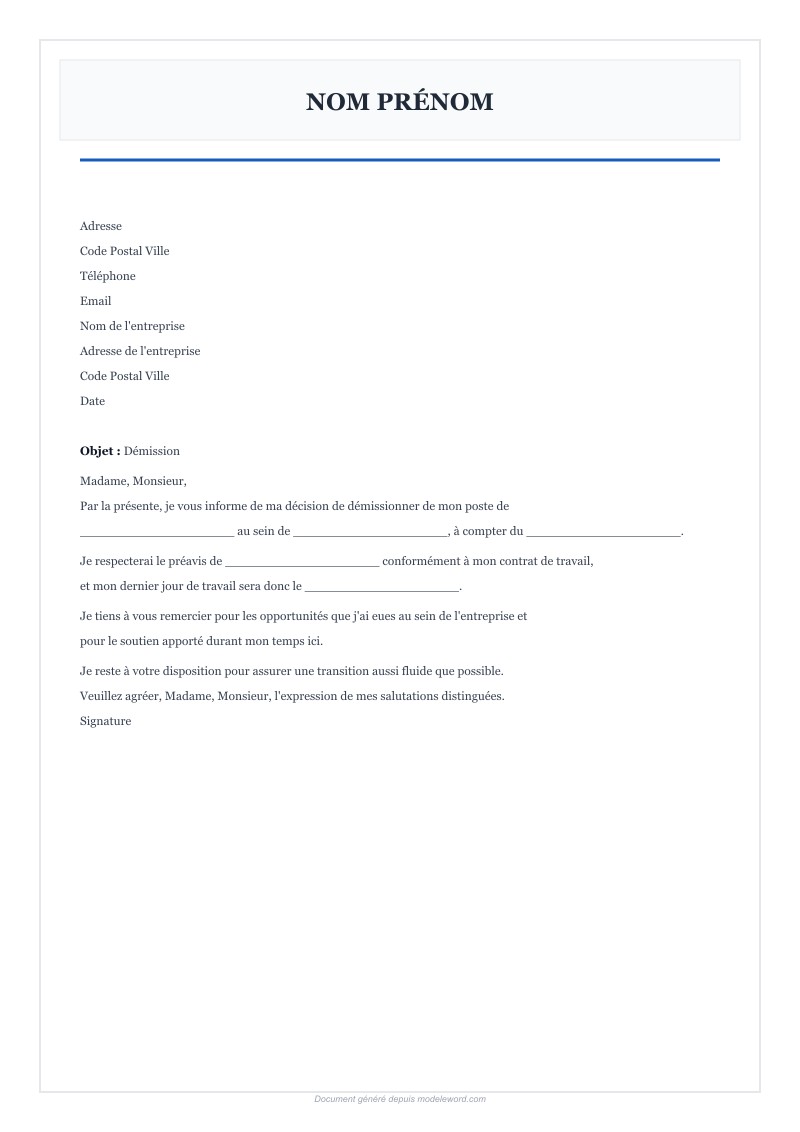 Modèle De Lettre De Demission Simple Word - Télécharger 2025