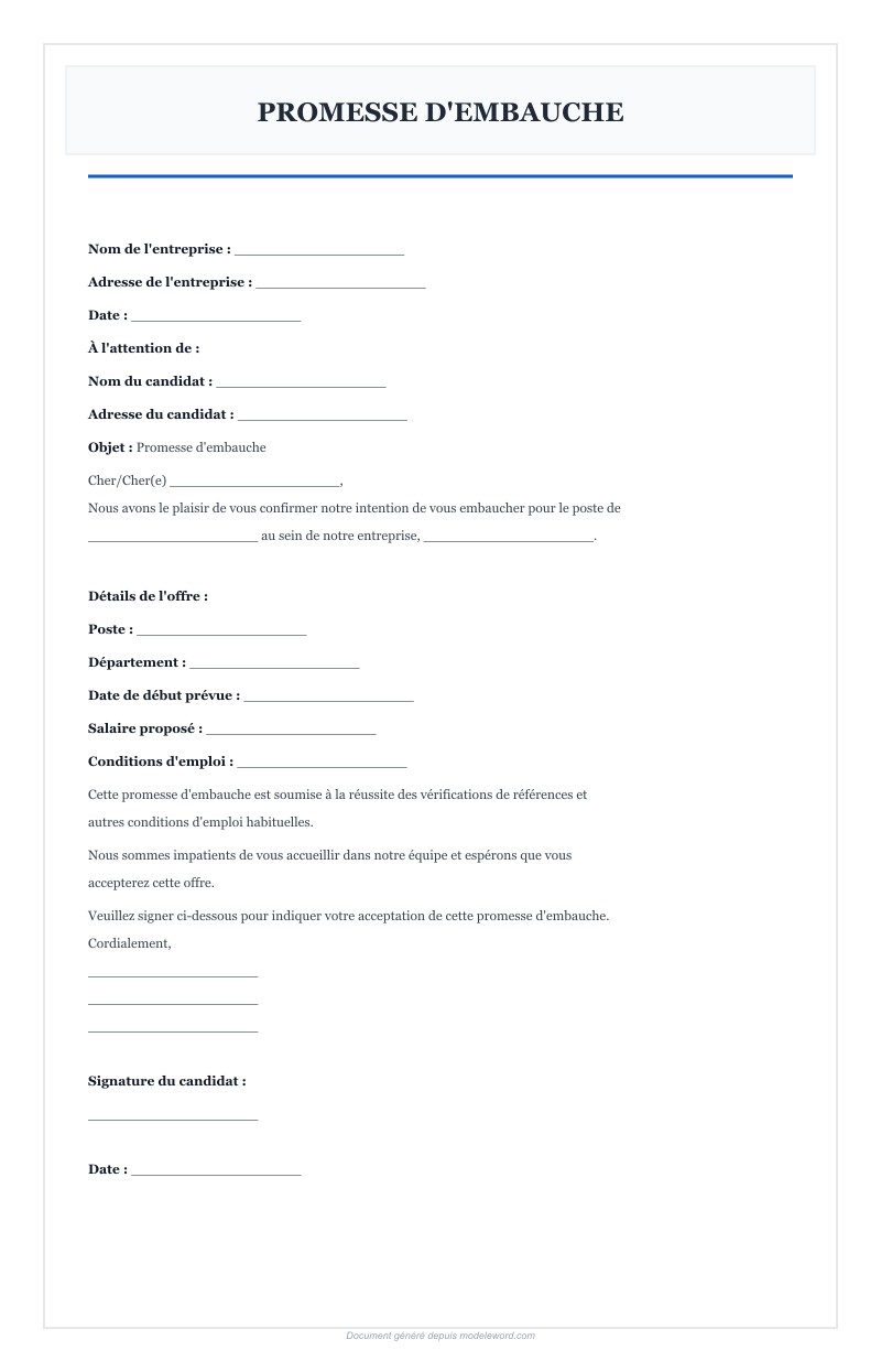 Promesse D'Embauche Modele Word - Télécharger 2025