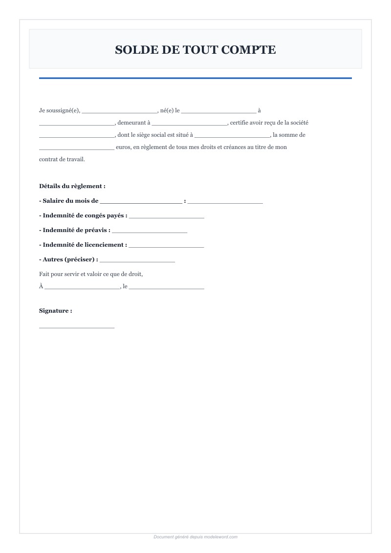 Modèle Solde De Tout Compte Word Gratuit - Télécharger 2025