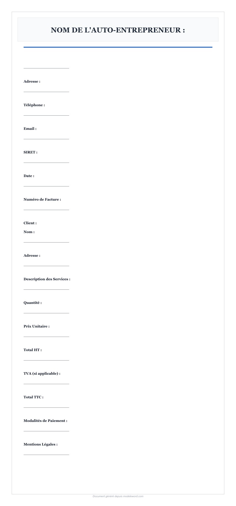 Modèle Facture Auto-Entrepreneur Gratuit Word - Télécharger 2025