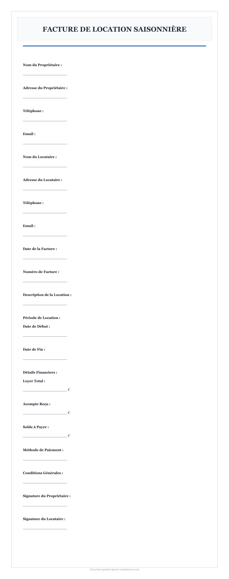 Modèle Facture Location Saisonnière Word - Télécharger 2025