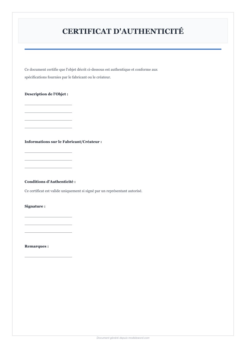 Modèle Certificat D'Authenticité Word - Télécharger 2025