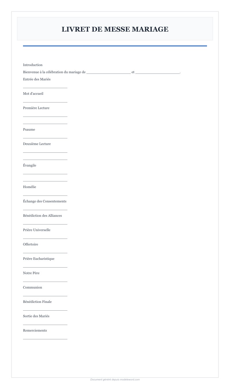Modèle Livret De Messe Mariage Word Gratuit - Télécharger 2025