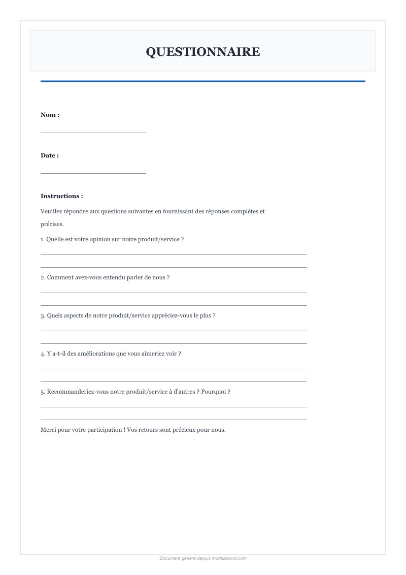 Modèle Questionnaire Word Gratuit - Télécharger 2025