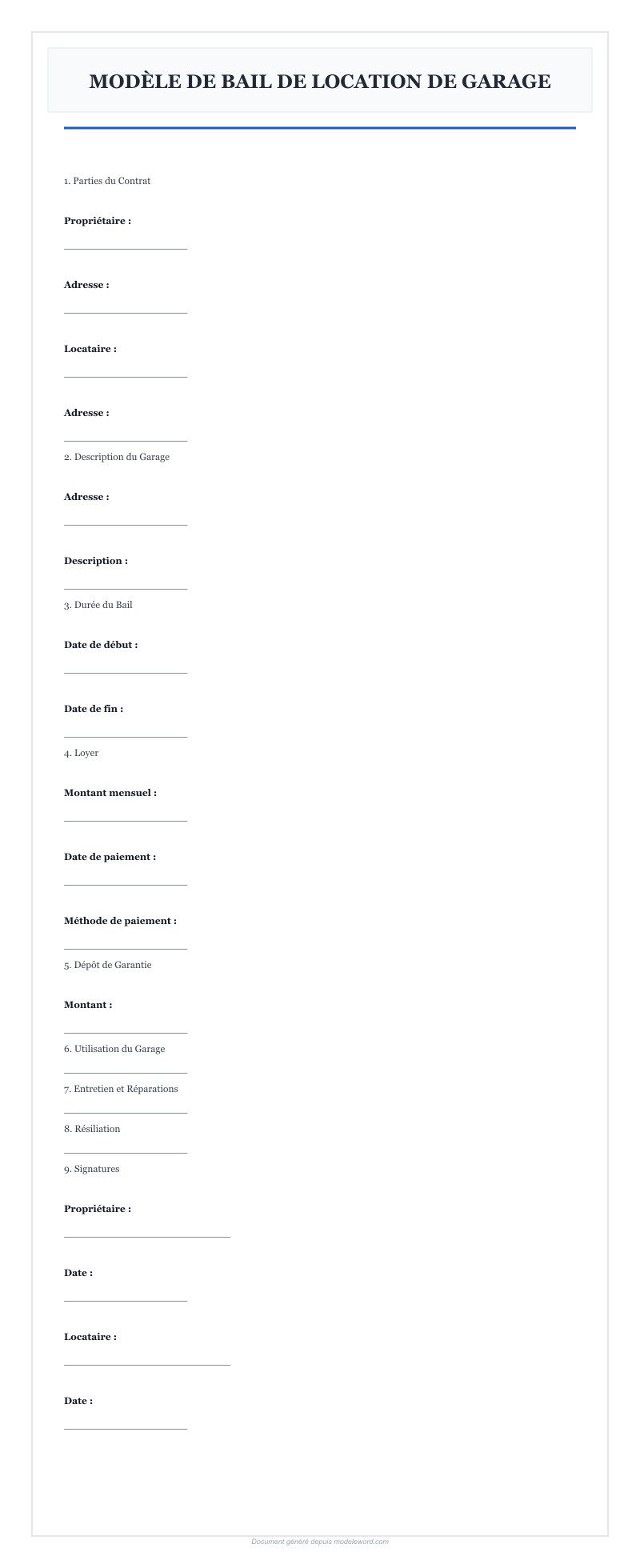 Modèle Bail Location Garage Gratuit Word - Télécharger 2025