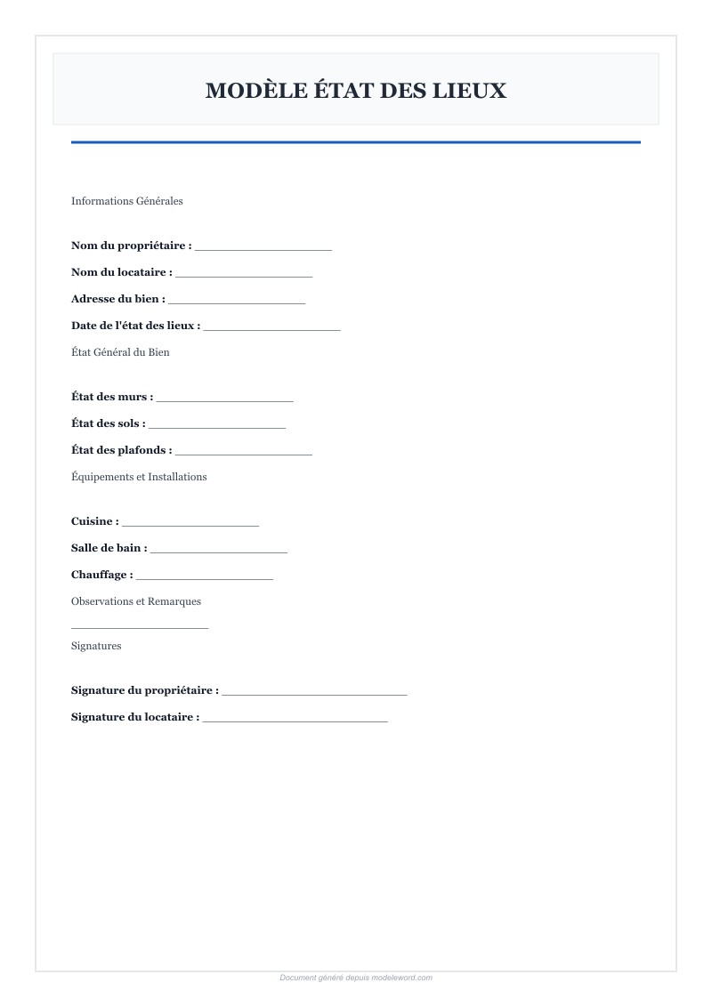 Modèle État Des Lieux Gratuit Format Word - Télécharger 2025