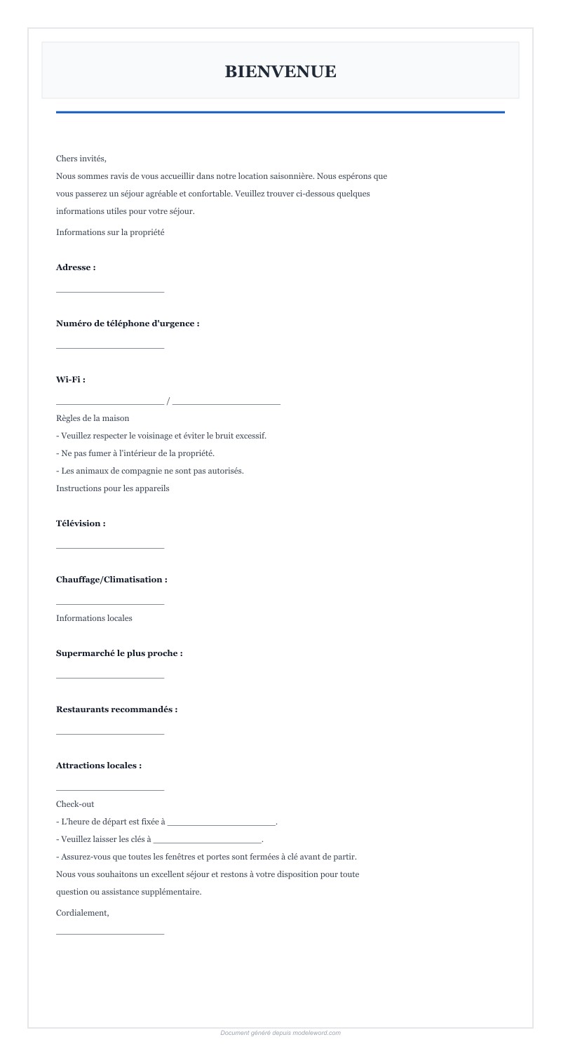 Modèle Livret D'Accueil Location Saisonnière Word - Télécharger 2025