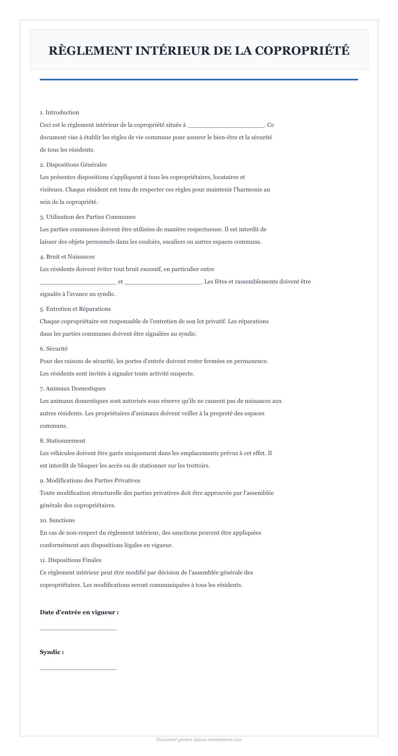 Règlement Intérieur Copropriété Modèle Word - Télécharger 2025