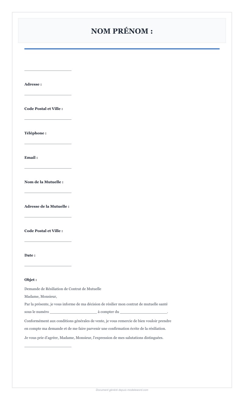 Modèle Lettre Résiliation Mutuelle Word - Télécharger 2025