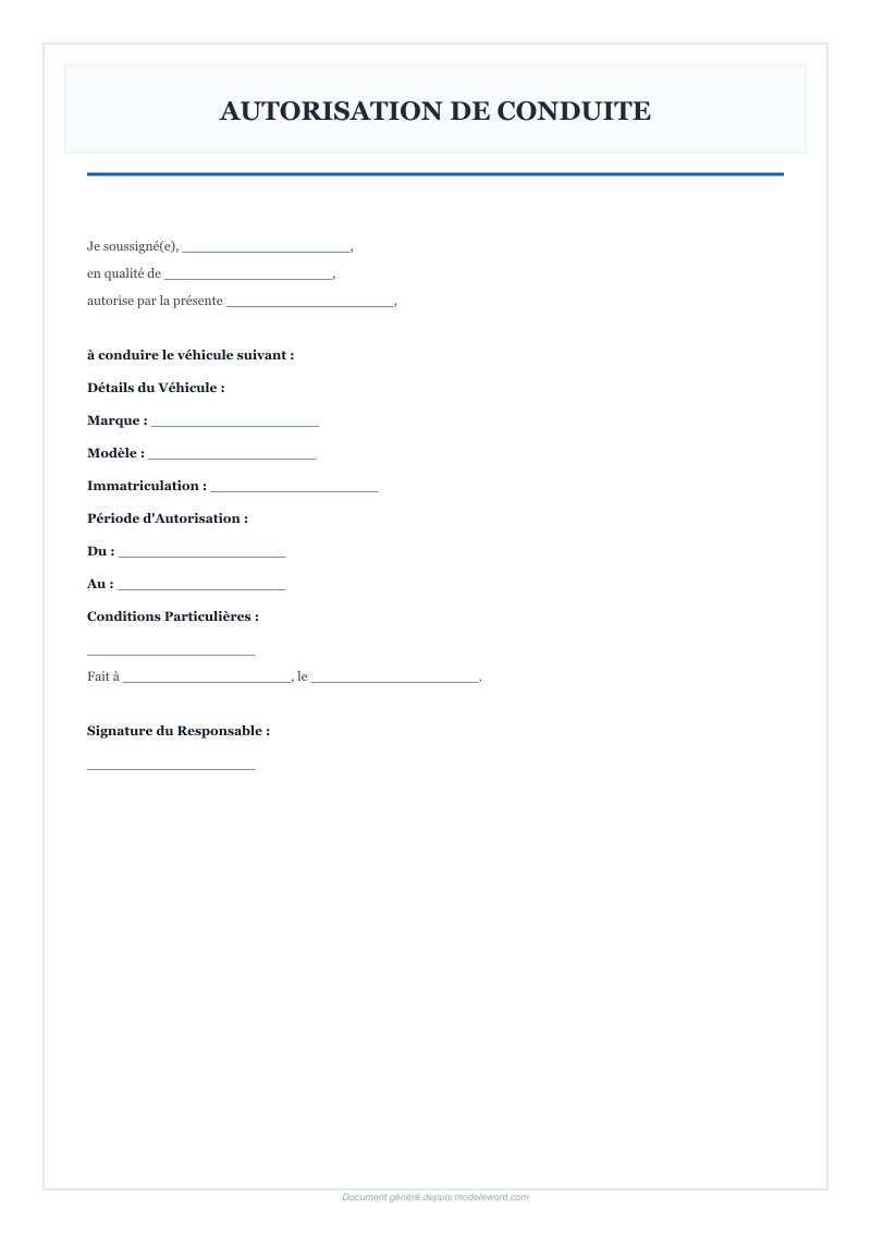 Modèle Autorisation De Conduite Word - Télécharger 2025
