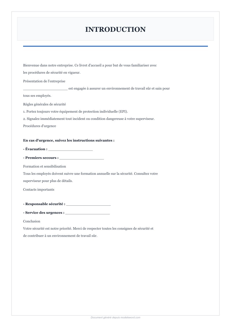 Modèle Livret D'Accueil Sécurité Word - Télécharger 2025